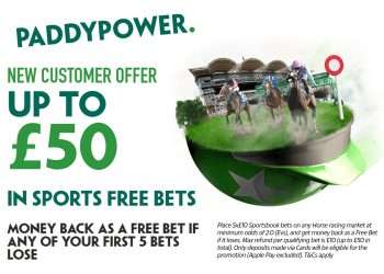 Get up to £50 back as free bets if any of your first 5 horse racing bets lose with Paddy Power offer