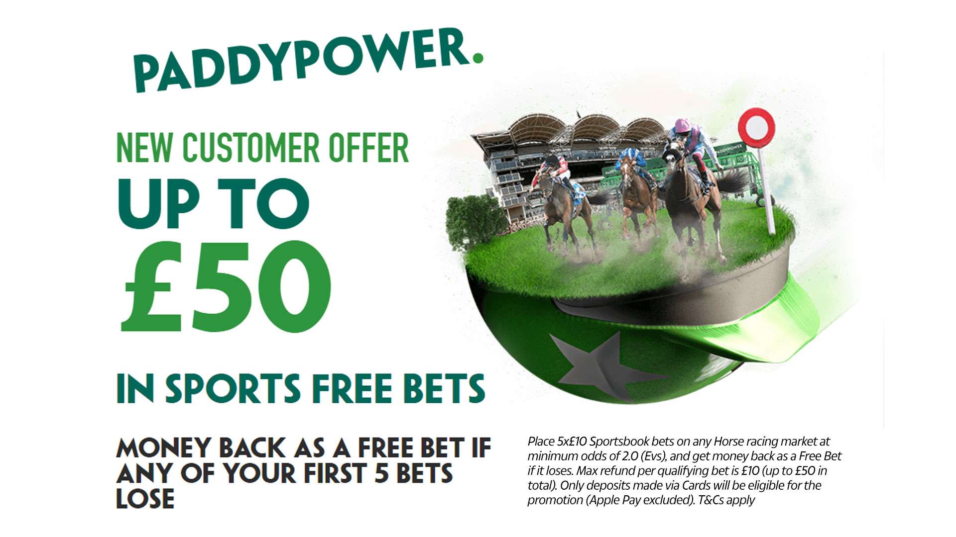 Get up to £50 back as free bets if any of your first 5 horse racing bets lose with Paddy Power offer